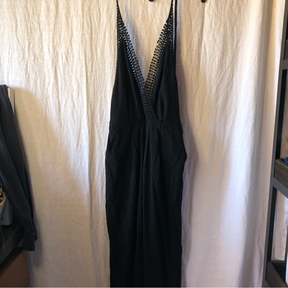 Reverse pants jumpsuit black v neck ball lace detail adjust. Straps side zip M